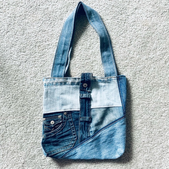 Blue Denim Handbags - Blue Denim Patchwork Tote Bag (Medium)